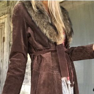 Wilsons Leather suede Brown Trench Coat with Faux Fur Collar